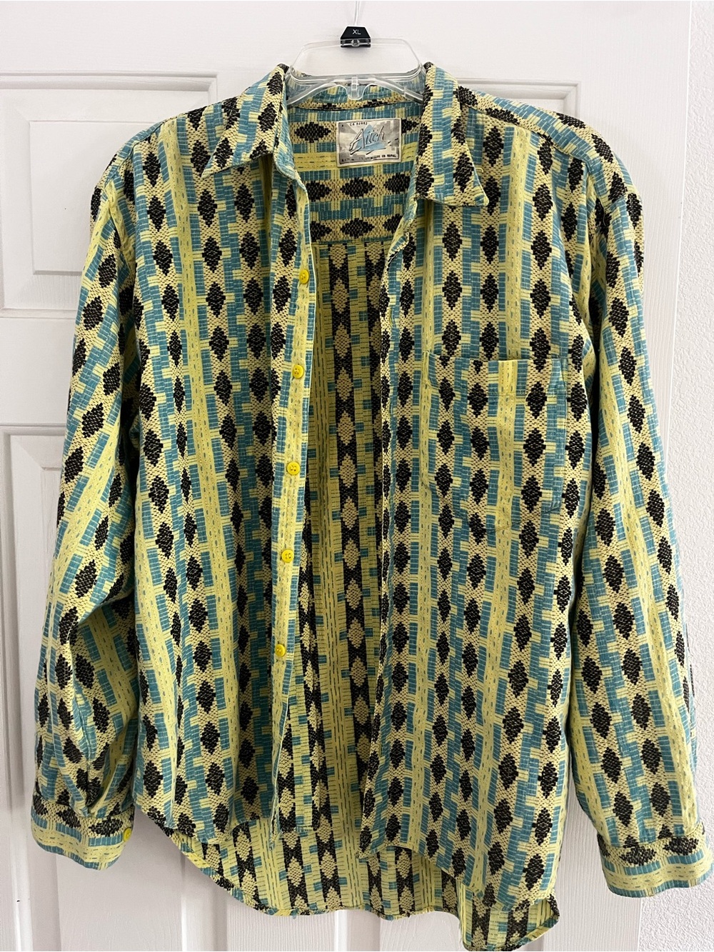 Men's Patterned Button-Up Jacket - Yellow & Teal